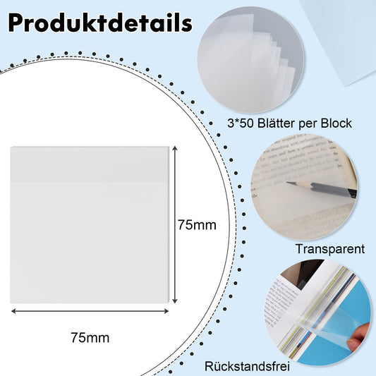 150 Blätter Transparente Haftnotizen, Wasserdichte Selbstklebendes Sticky Notes, Wiederbeschreibbare Notizzettel für Schule/Büro/Hause