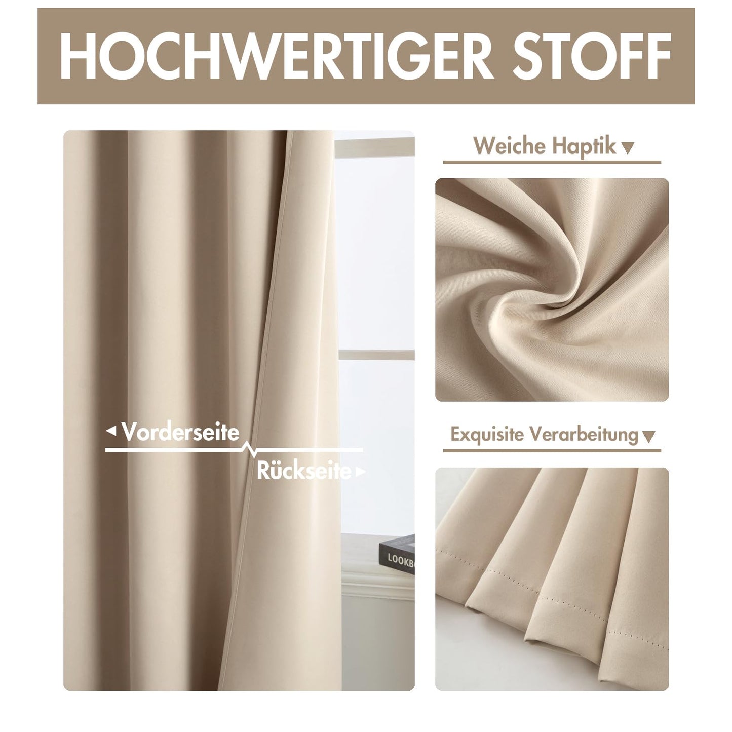 MIULEE Vorhänge Beige Blickdicht mit Ösen 225 CM Lang, Schöner Weicher Verdunklungsvorhänge zum Verdunkeln von Räumen, 2er Set Abdunkelnde Vorhänge Wohnzimmer Blickdichte Ösenvorhang Jeder H225 X B140