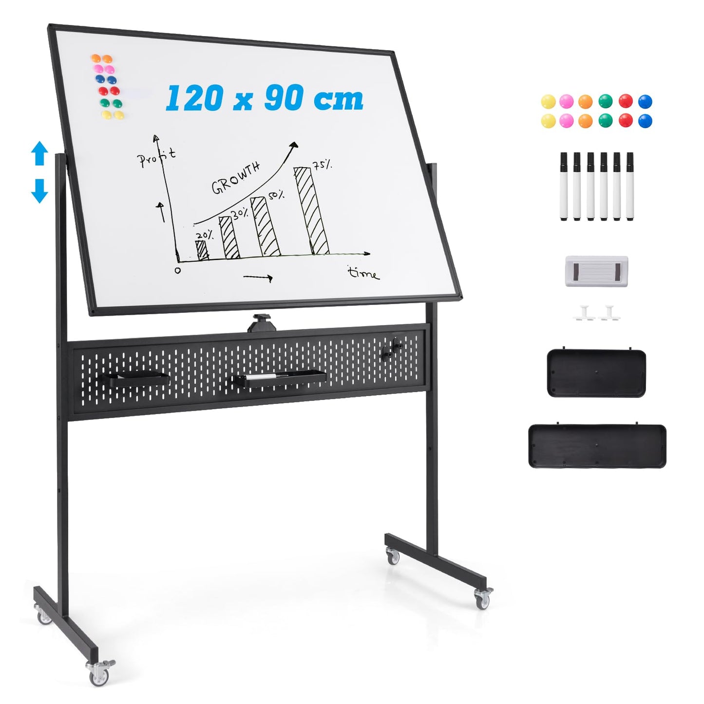 COSTWAY Doppelseitiges mobiles Whiteboard, 120 x 90 cm, Trocken abwischbares magnetisches Whiteboard mit Stecktafel, Rollen und Ständer, inkl. Zubehör für Büro, Zuhause (Schwarz)