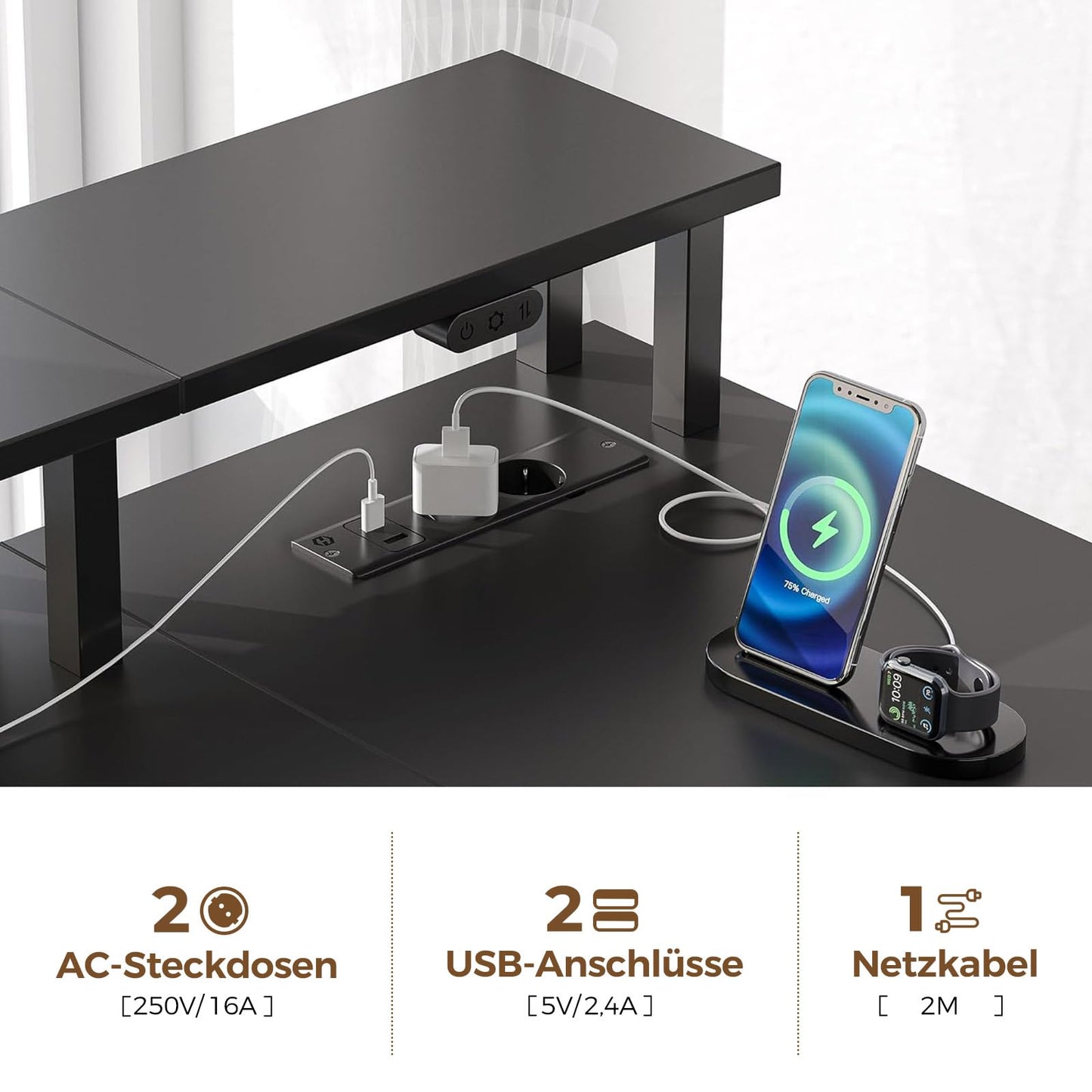 Rolanstar Schreibtisch L Form mit Schubladen, reversibler Gaming Tisch mit Steckdose, LED & Monitorständer 163 cm Computertisch für Büro Arbeitszimmer Schlafzimmer