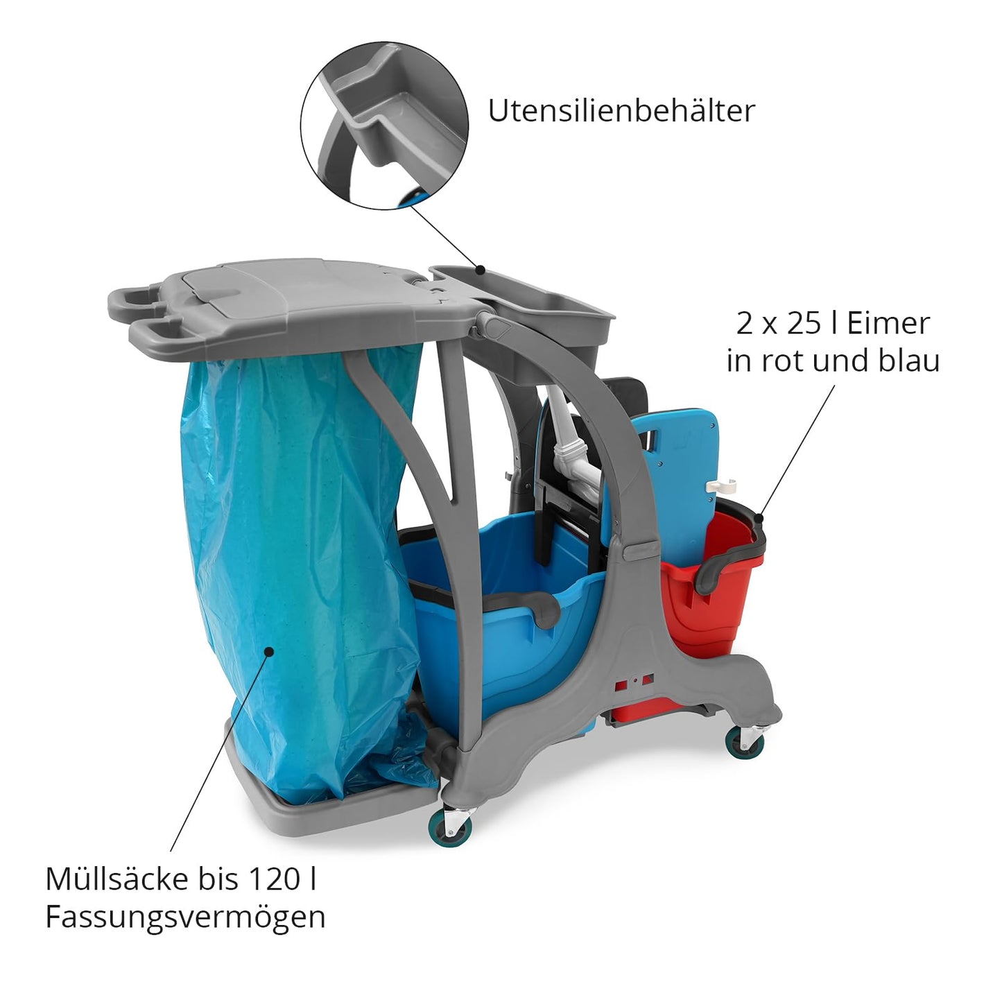 Hypafol Putzwagen Reinigungswagen | 2x25l Eimer | Doppelfahrwagen inkl. Moppresse, Utensilbehälter & Abfall-Eimer | für Gebäudereinigung, Hotelservice, Gastronomie, Großküche, Büroreinigung oder Arzt
