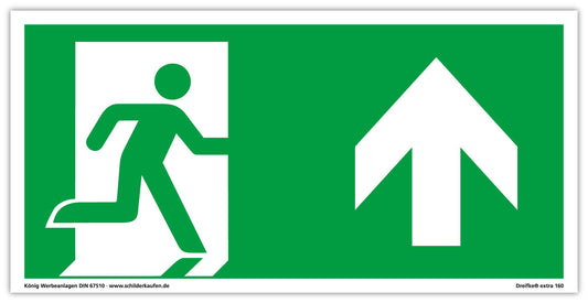 Schild Notausgang | extra langnachleuchtend | PVC selbstklebend 297x148mm | gemäß ASR A1.3 DIN 7010 DIN 67510 | Notausgangsschild rechts aufwärts geradeaus| Fluchtweg Rettungsweg | Dreifke® extra 160