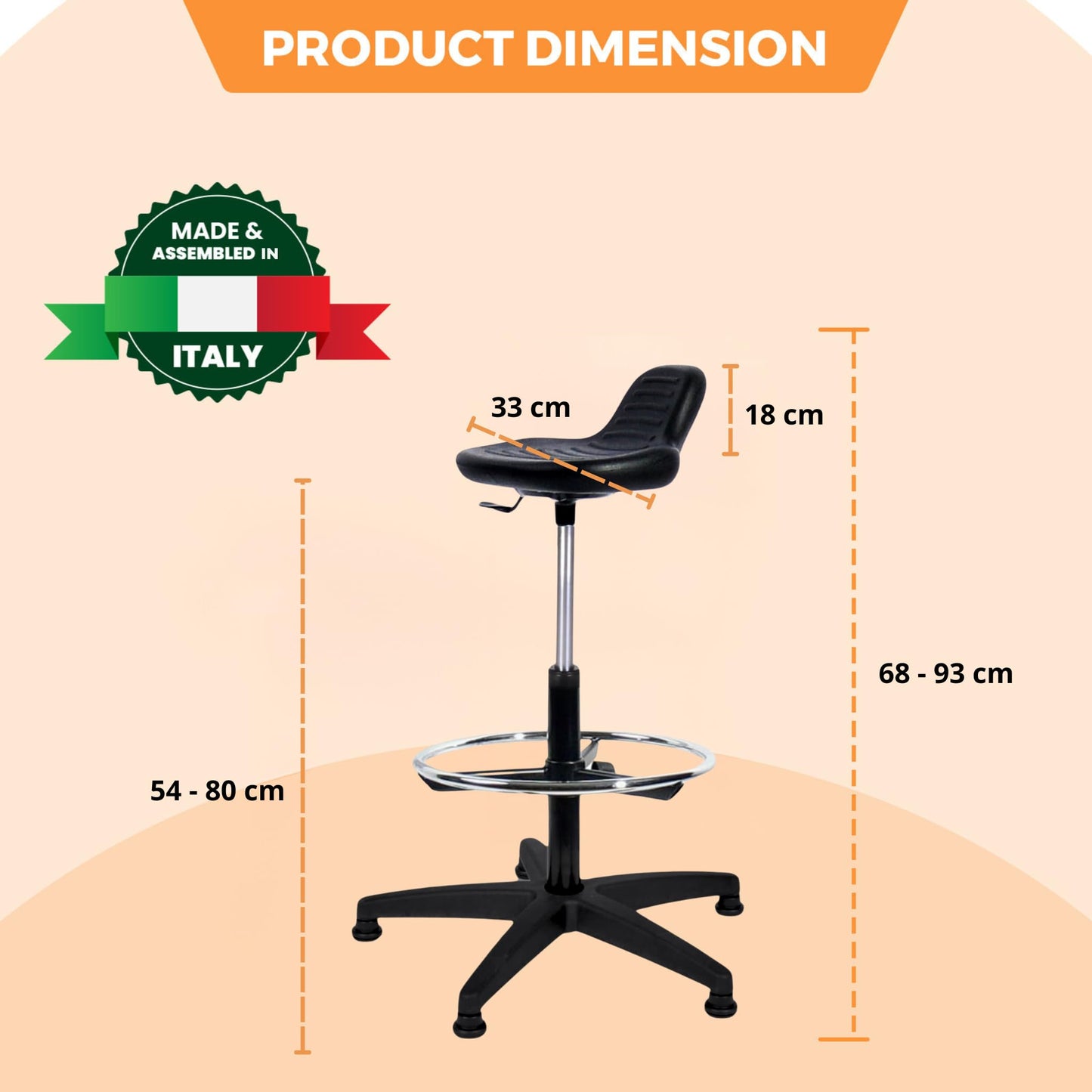 Topsit IND000014 Arbeitshocker Stehhilfe hoch mit Fußring zur Ablage, Abwischbar für Labor geeignet, Hartschaum Schwarz, 40 x 43 x 85 cm
