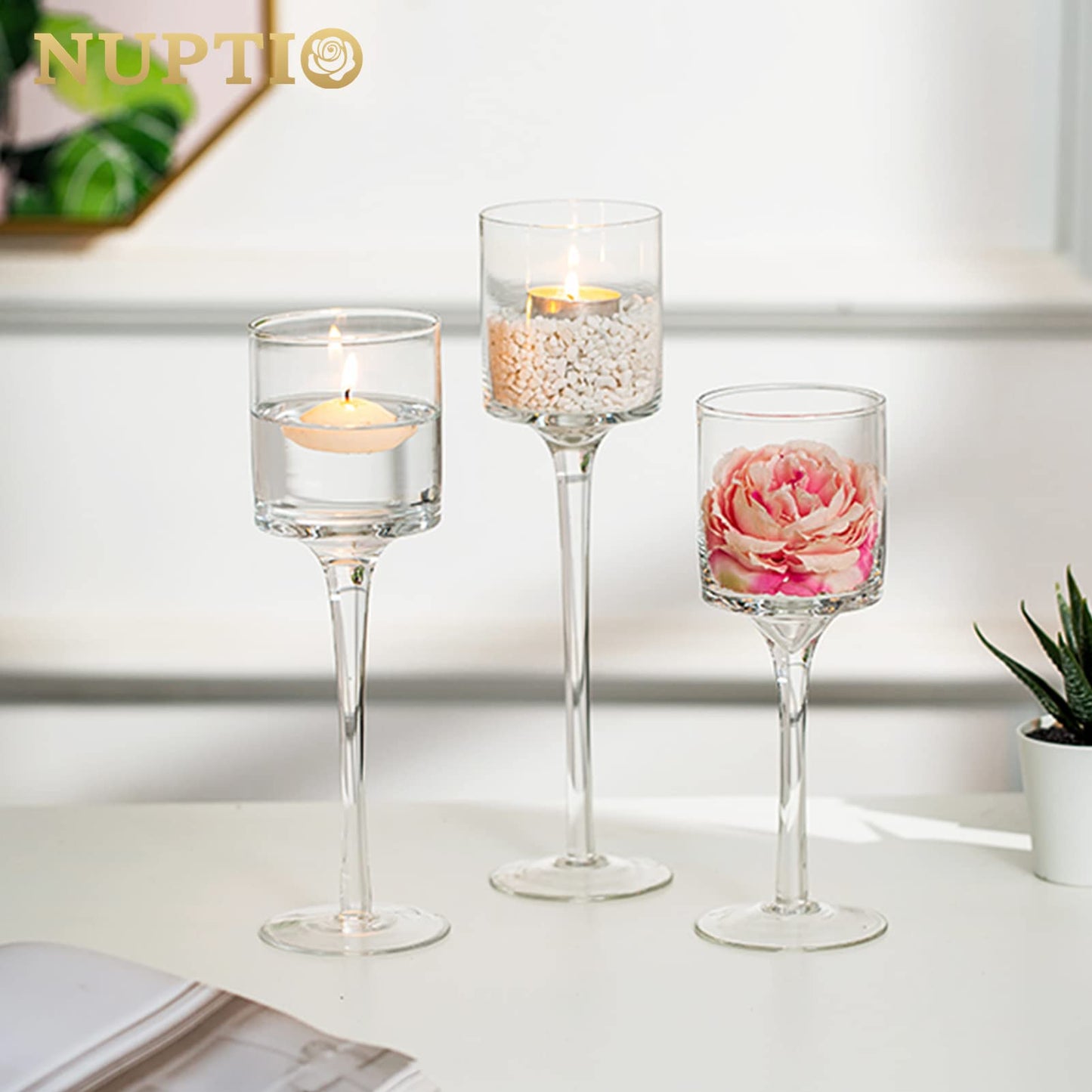 Nuptio Teelichthalter 3 Stück Glas Kerzenhalter für Teelicht & Schwimmkerzen Hohe Elegante Stumpenkerzenhalter für Hochzeit Party Tisch Weihnachten Tafelaufsätze Wohnzimmer Heimdekoration