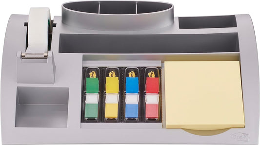 Post-it Desk Organizer, Packung mit 1 Block Post-it Notes a 100 Blatt, 4 x 35 Haftstreifen Post-it Index, 1 Rolle Scotch Magic mattes Klebeband, 265 mm x 168 mm x 68 mm, Farbe: Silber