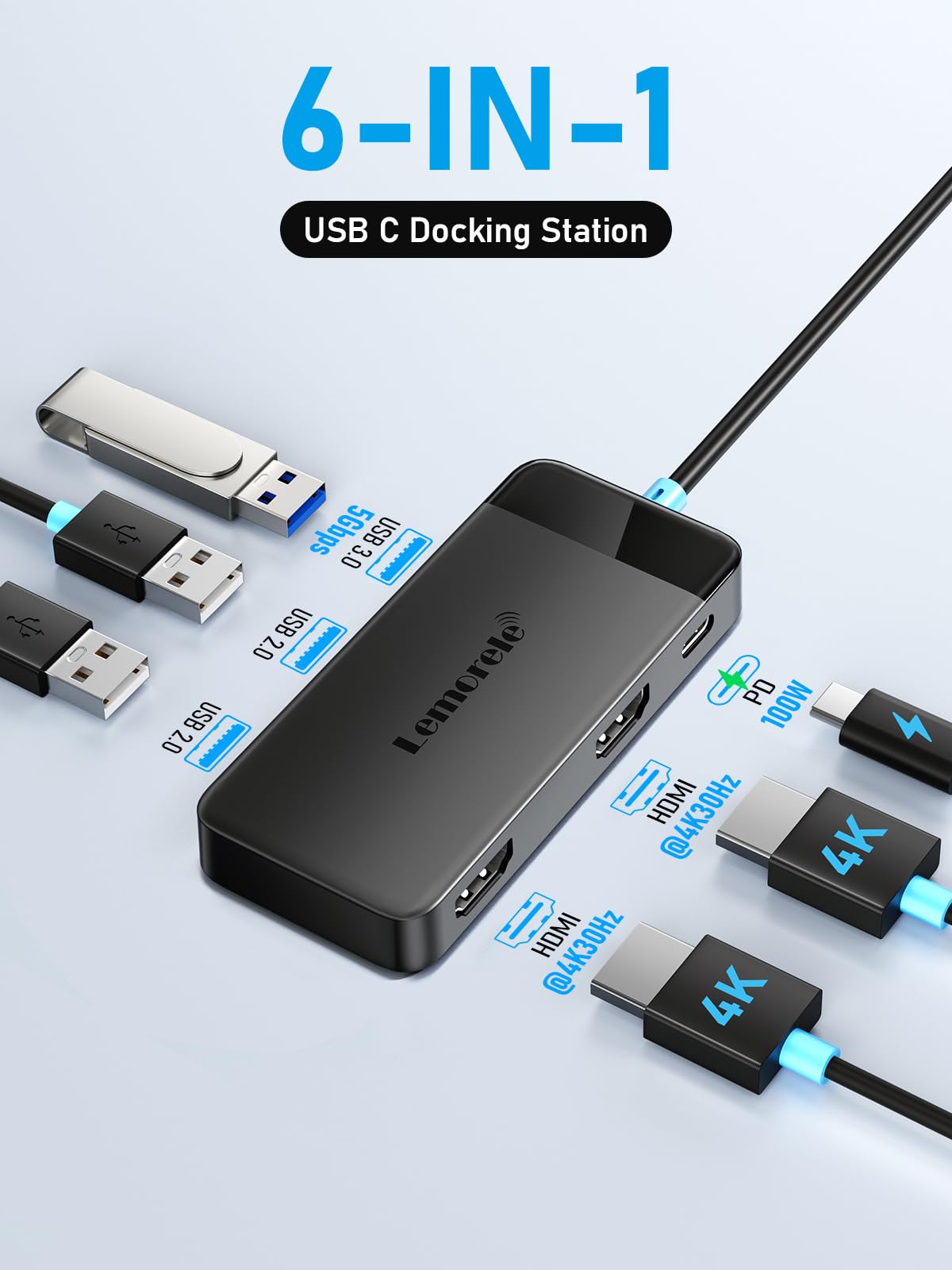 Docking Station USB C Hub Dual HDMI, 2024 Upgrade Lemorele USB C Dock 2*HDMI Adapter 4K, 3 USB 3.0/2.0, PD 100W für Windows, MacBook, Dell, HP, Surface