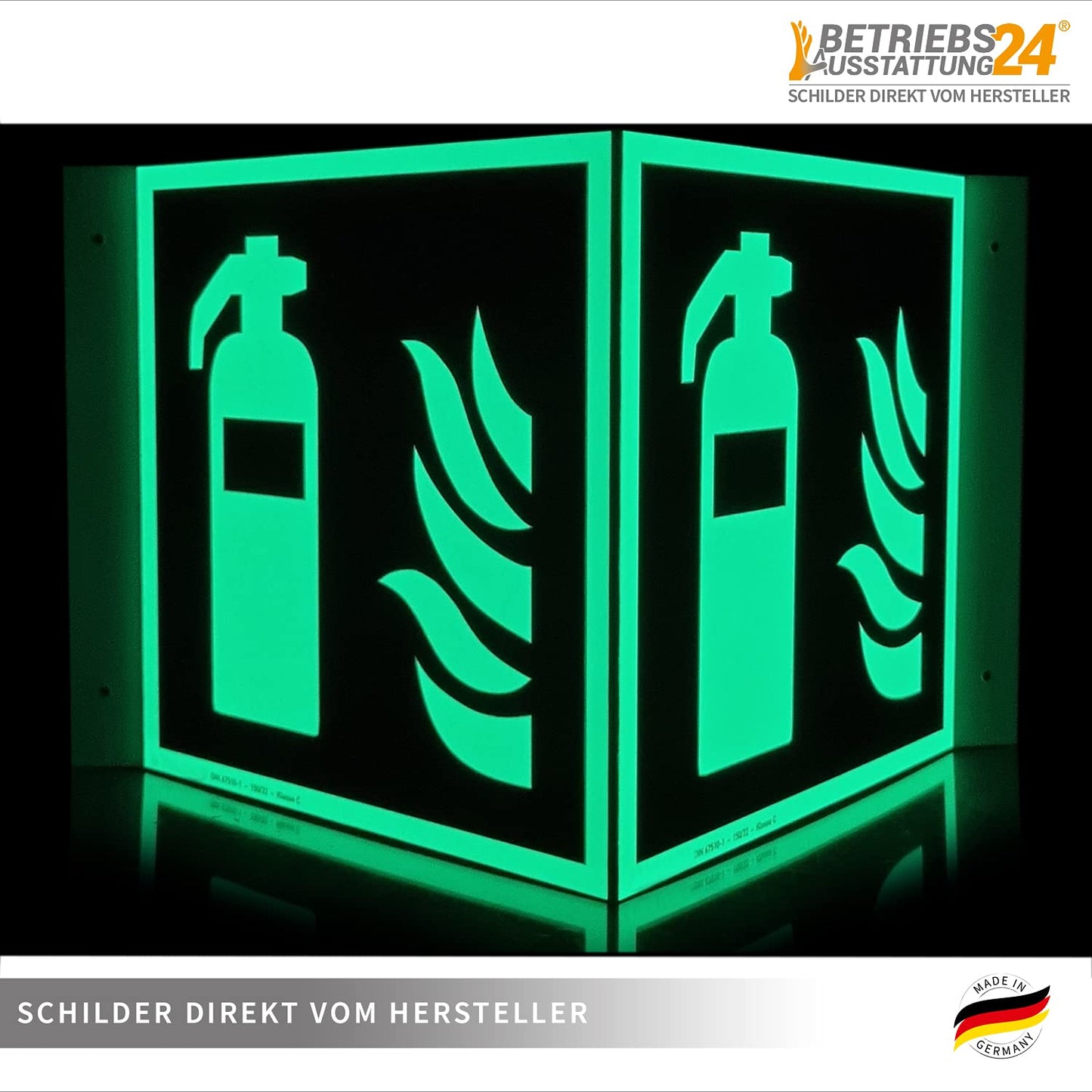 Feuerlöscher Winkelschild - Aluminium langnachleuchtend - Größe: 26 x 15 x 11 cm - Symbol Schild l DIN 67510 Klasse C - Leuchtdichte 150 mcd - Brandschutzschild - Betriebsausstattung24®