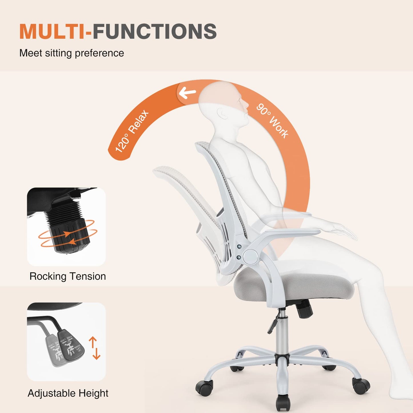 Sweetcrispy Bürostuhl Ergonomisch, Schreibtischstuhl mit Lendenwirbelstütze, Höhenverstellbarkeit Stuhl, Bürostühle mit Armlehne, Office Chair Geeignet für Büro und Schlafzimmer, Grau