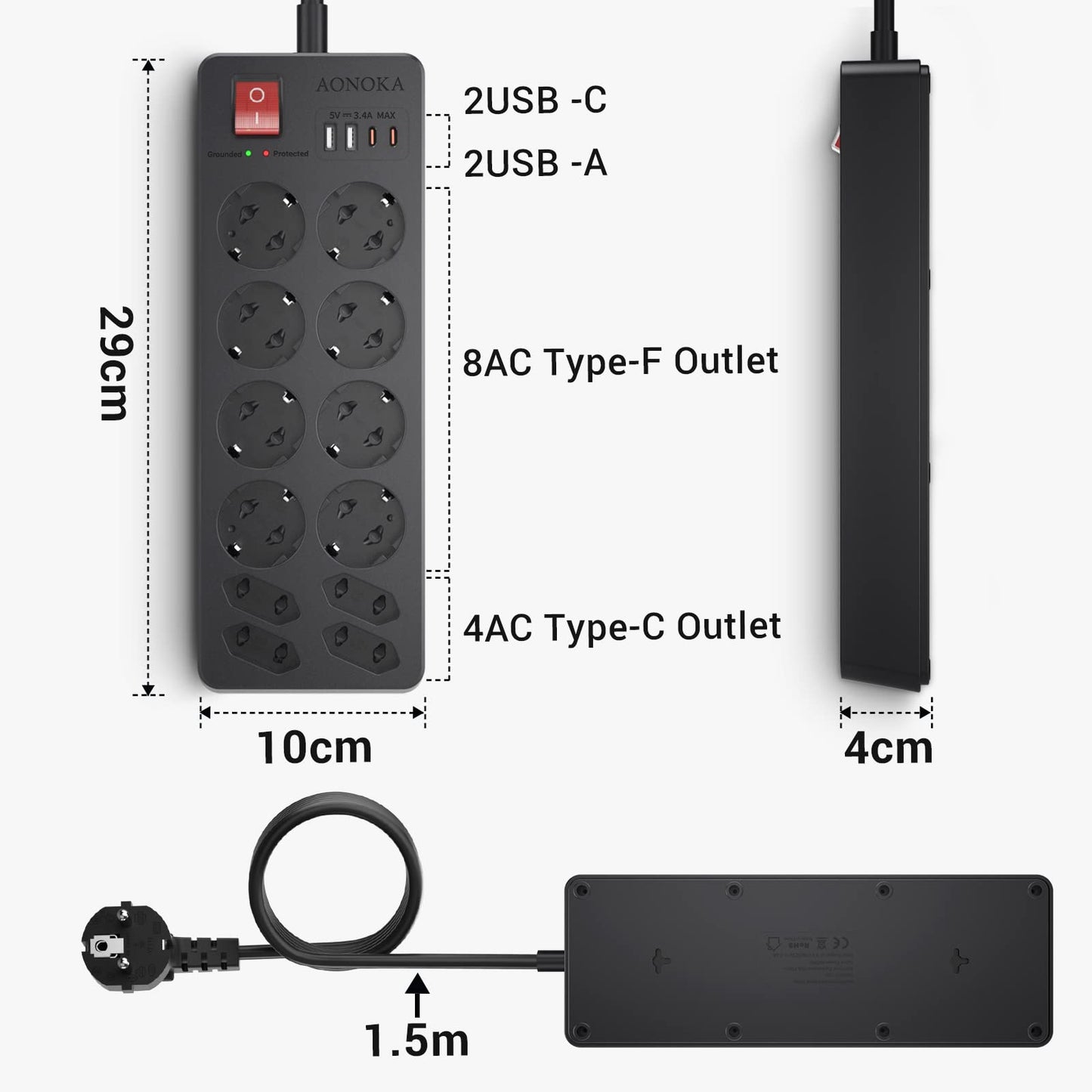 Steckdosenleiste mit USB C 12-Fach, Mehrfachsteckdose Überspannungsschutz bis 1700 Joule, Wandmontage Steckerleiste mit Schalter 4 USB und 12 Steckdosen Verteilersteckdose 1,5m Kabel, Schwarz