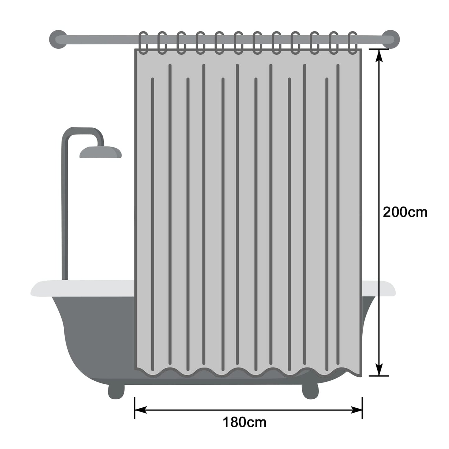 EurCross Duschvorhang 180x200 cm Weiß Textil,Anti-schimmel Wasserdicht und Trocknet Schnell,Waschbar Hochwertig Stoff Duschvorhang Badewanne 1.8 x 2m Lang mit 12 Ringen
