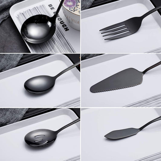 HOMQUEN 6-Teilig schwarz Besteck Set, Rostfreier Stahl Servierbesteck, Tortenheber, Geschlitzter Servierlöffel, Servierlöffel, Aufschnittgabel, Buttermesser, Suppenkelle