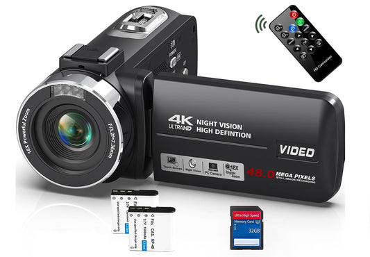 Videokamera 4K Camcorder 48MP mit IR Nachtsicht, 18X Digitalzoom 30 FPS Webcam Video Kamera 3.0-Zoll 270° Rotation Touchscreen Vlogging Kamera für YouTube mit Fernbedienung, 2 Batterien, 32GB SD Karte