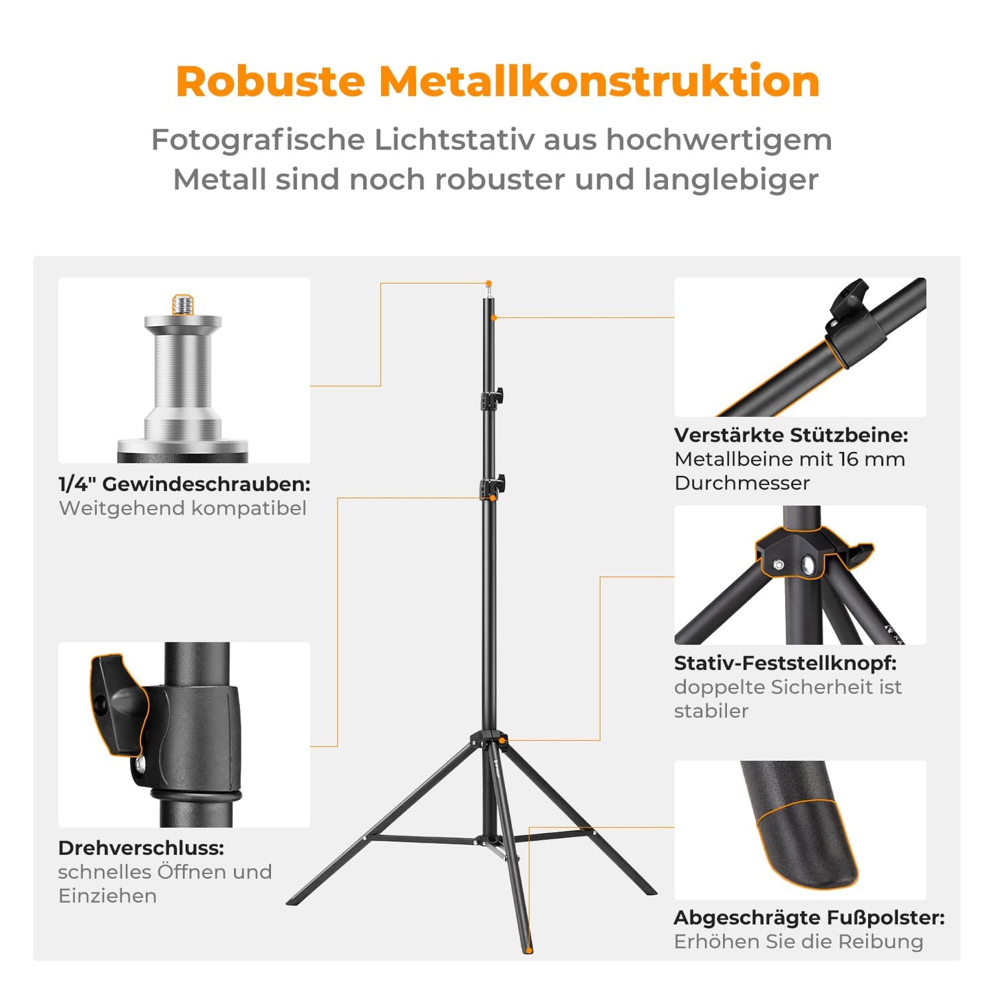K&F Concept Fotografie Lichtstativ, 280CM Metal Light Stand für Studio-Fotographie, Reflektor, Blitz & Video, einstell Beleuchtungstativ hoch mit Stativtasche & 1/4" Srew