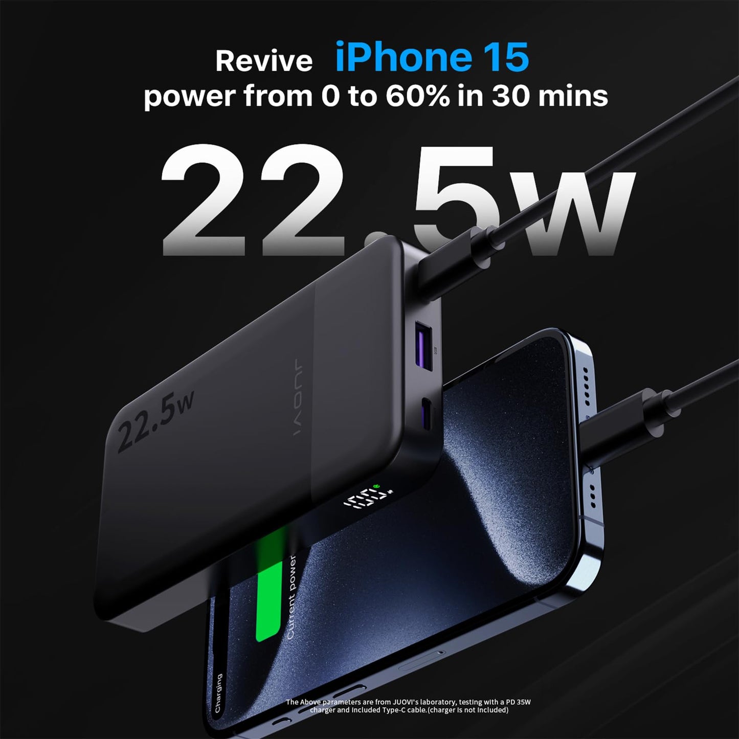 JUOVI Powerbank, 10.000 mAh, 22,5 W, schnelles Aufladen, kleines tragbares Ladegerät mit PD 3.0 & QC 3.0, USB C, schlankes, leichtes iPhone-Ladegerät, Dual-Ausgang, kompatibel mit iPhone 15, iPhone 14