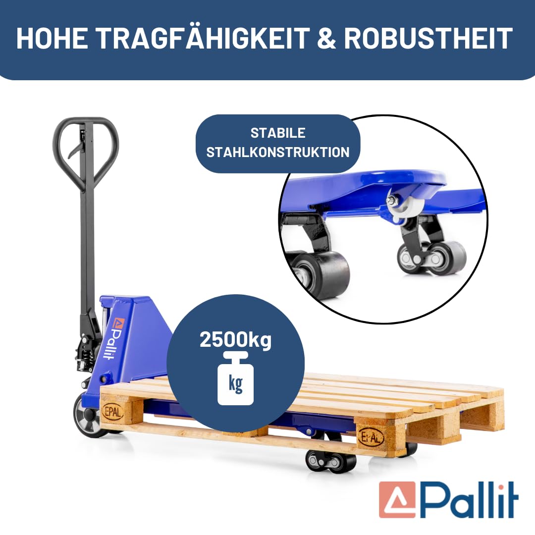 Pallit Hubwagen 2500 kg aus Stahl 1150 mm Gabellänge FIVE-R Gummirollen Gabelhubwagen Handhubwagen Palettenwagen Blau