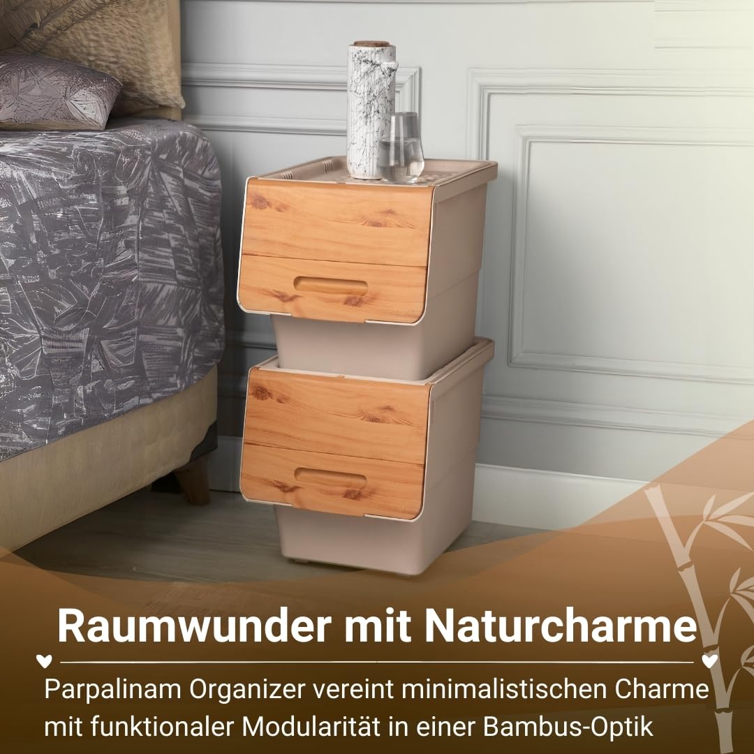 Parpalinam 12L Aufbewahrungsbox mit Deckel und Rollen, stapelbare Aufbewahrungsboxen, hochwertige Kartoffel Ordnungsboxen, BPA-freier und lebensmittelechter Organizer (Bambus/Beige)