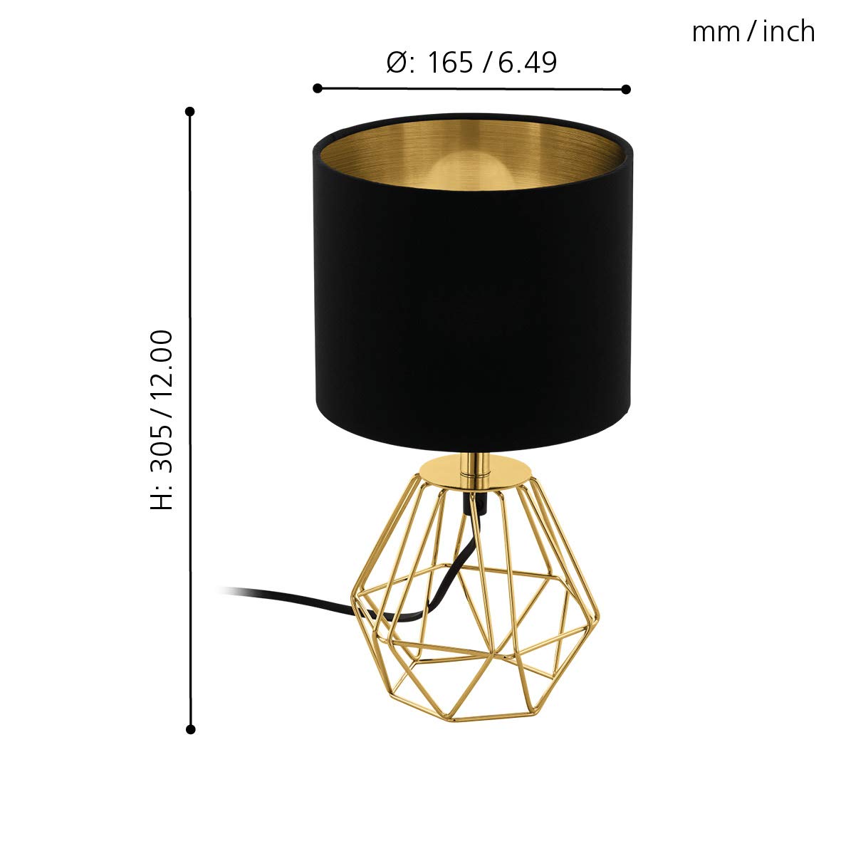 EGLO Nachttischlampe Carlton 2, Deko Tischlampe Vintage, Retro Lampe aus Metall und Stoff in Gold und Schwarz, E14