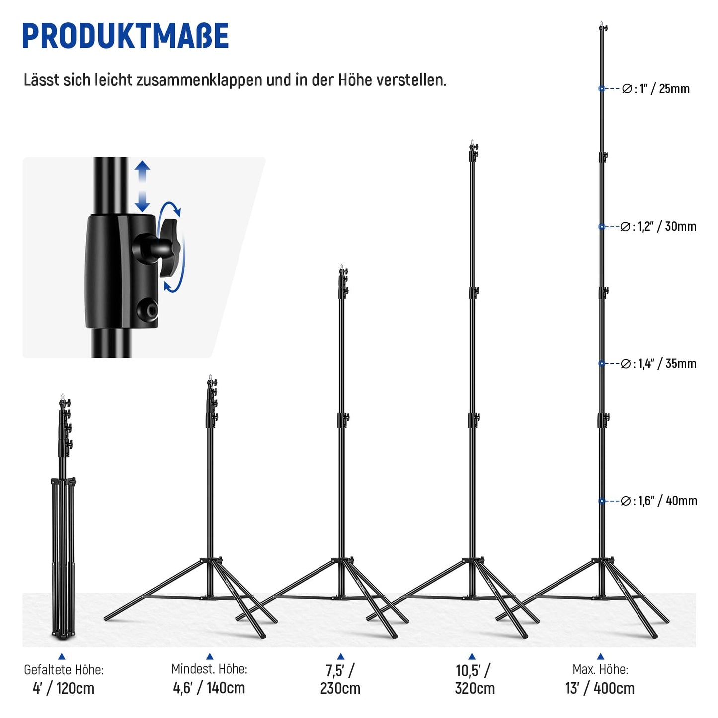 NEEWER 4m Lichtstativ, Luftgepolstertes Heavy Duty Metallstativ für Ringlicht Fotografie Lampen mit 1/4" zu 3/8" Schraubadapter und 3 Wege Schnittstellen, Tragfähigkeit: 3kg, ST-400AC