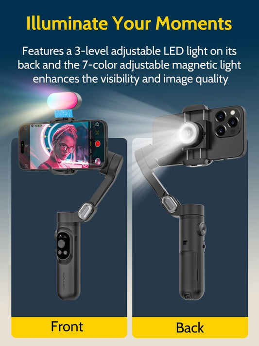 AOCHUAN Handlicher 3-Achsen-Gimbal-Stabilisator für Smartphone,Gimbal-Stabilisator für iPhone und Android mit 1/4 Zoll Gewinde,RGB-Magnetlicht,AI-Tracking-Handy-Gimbal für Vlogging-Smart X Kit Schwarz