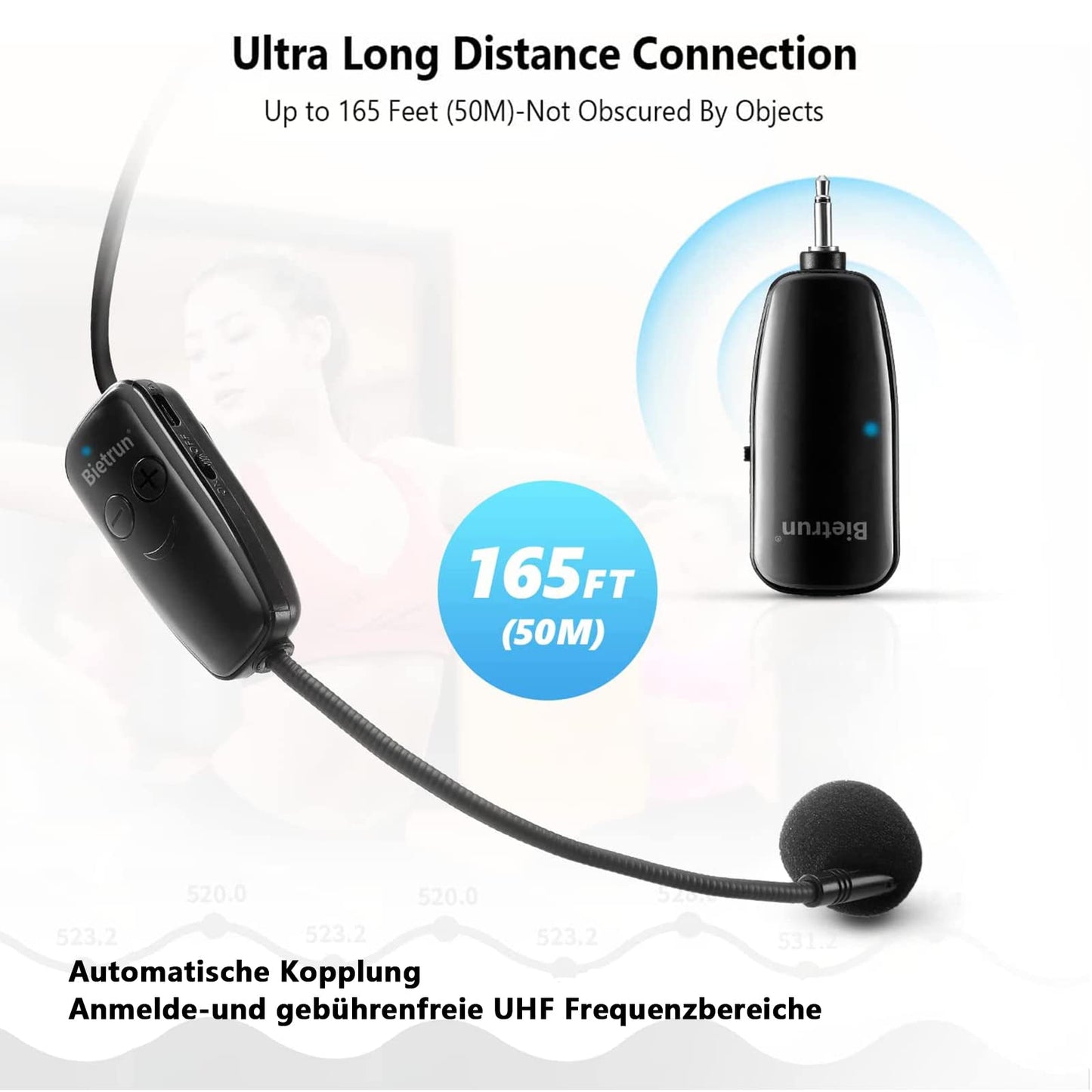 Bietrun UHF Wireless Mikrofon Headset drahtlos Funkmikrofon 50M wiederaufladbar kabellos Mikrofon Empfänger mit 3,5mm/ 6,35mm Klinke für Sprachverstärker PA Karaoke Anlage zu Unterricht Reiseleiter