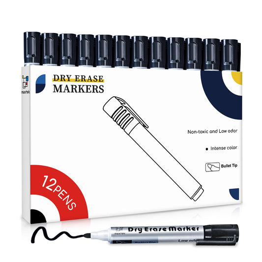 maxtek Whiteboard Marker 12 Whiteboard Stifte Rundspitze ca.2-3mm Linienbreite, Set mit schwarz hohe Qualität Geruchsarme Tinte, Zubehör für Schule, Büro, Zuhause