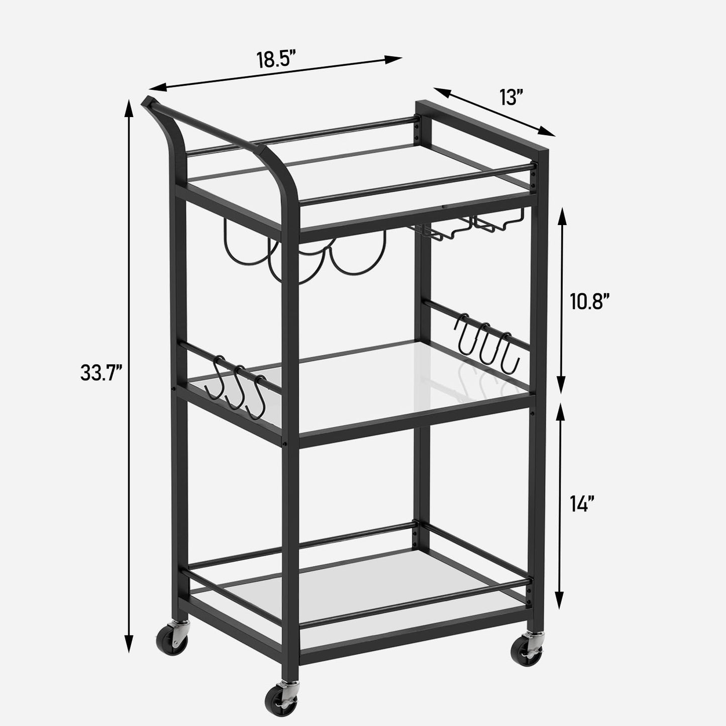 TUTOTAK Barwagen Home Bar Servierwagen Mikrowellenwagen Getränkewagen Mobiles Küchenregal mit 3 Ebenen Spiegelregal Weinhalter Glashalter Rollender Getränkewagen Schwarz BC01BK034