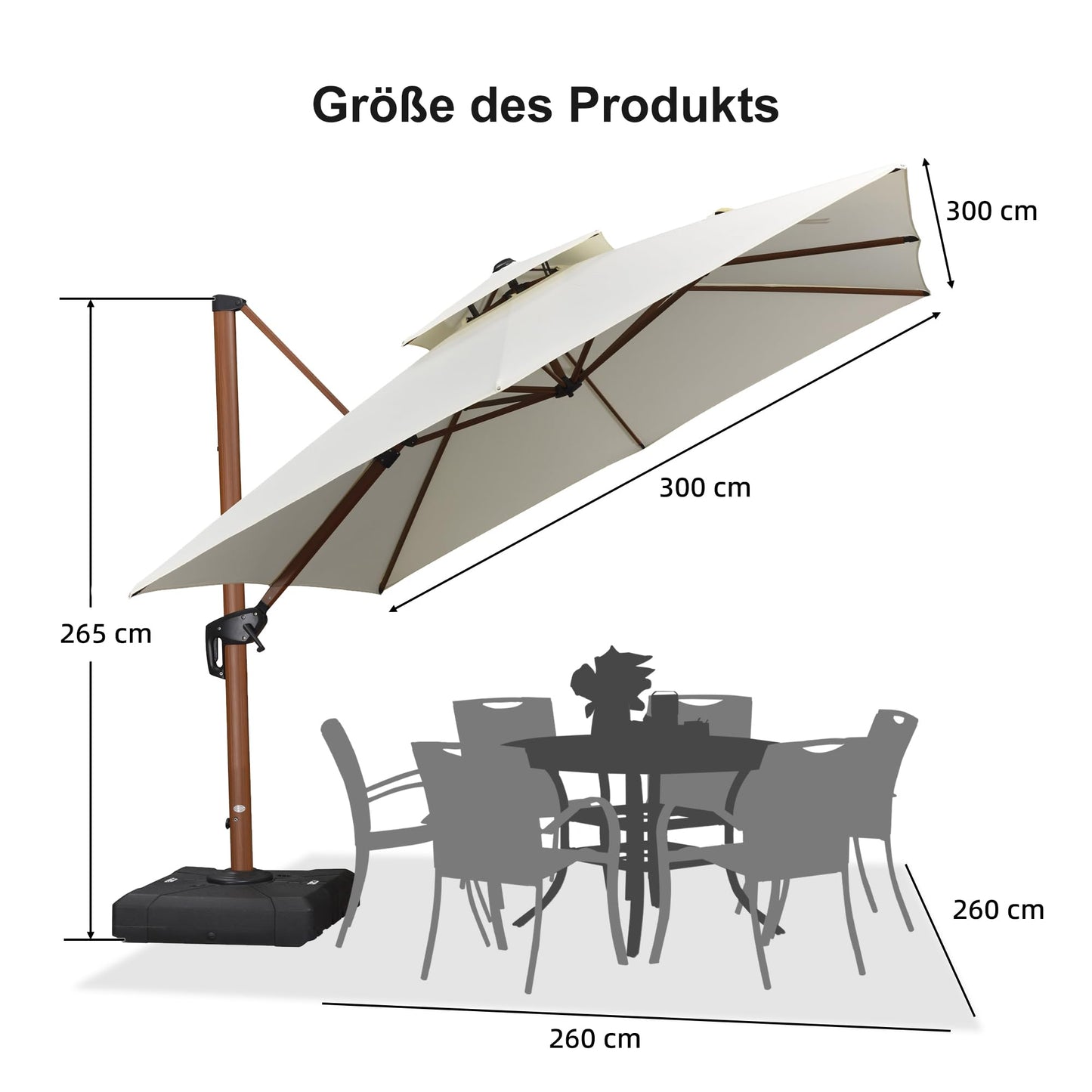 PURPLE LEAF Alu Holzoptik Sonnenschirm Groß Ampelschirm 300 x 300 cm mit Schirmständer Gartenschirm 360° Drehbar, Marktschirm mit Kurbel Doppeldach, XXL, Sonnenschutz UV50+, Cream