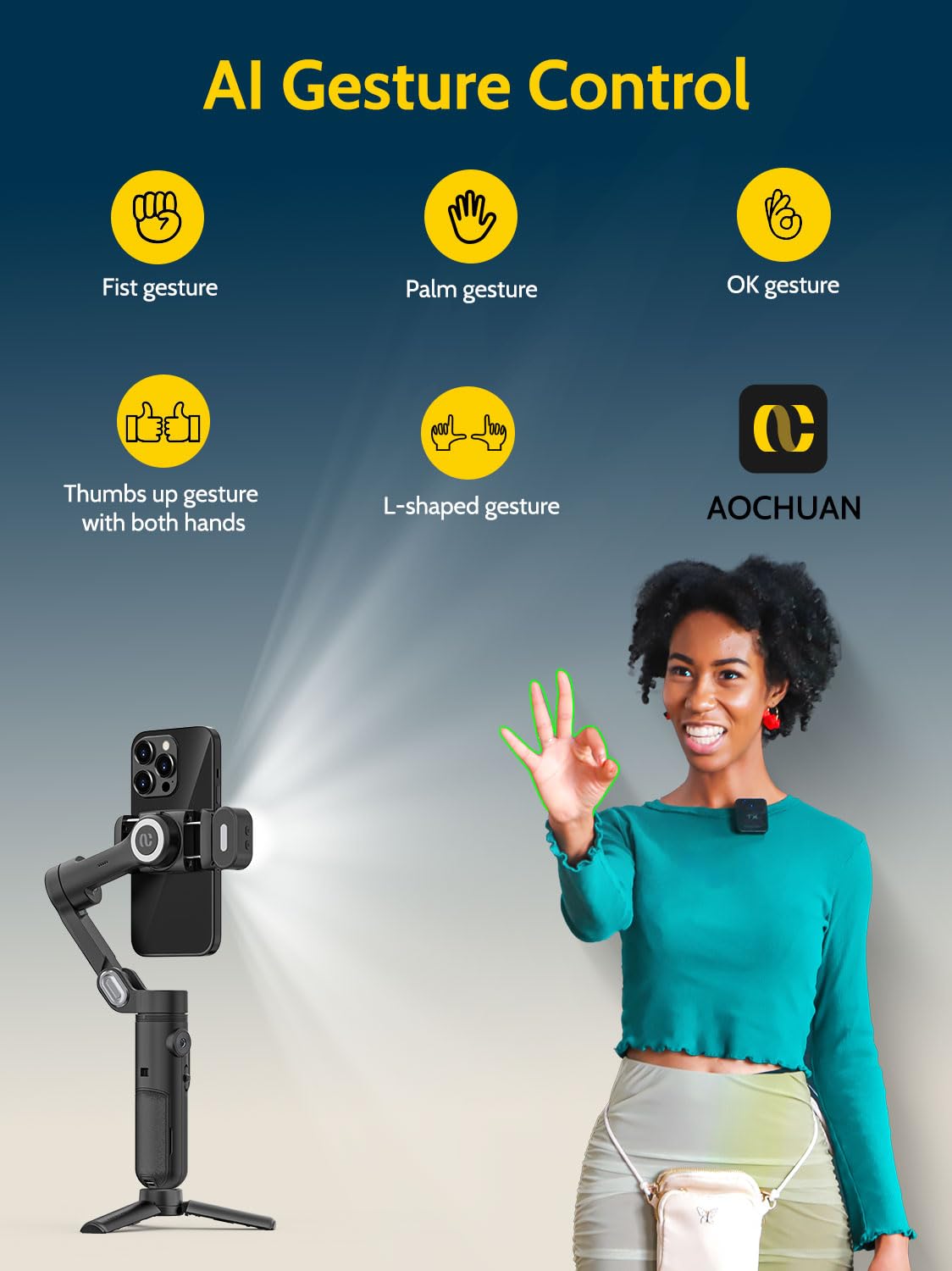 AOCHUAN Handlicher 3-Achsen-Gimbal-Stabilisator für Smartphone,Gimbal-Stabilisator für iPhone und Android mit 1/4 Zoll Gewinde,RGB-Magnetlicht,AI-Tracking-Handy-Gimbal für Vlogging-Smart X Kit Schwarz