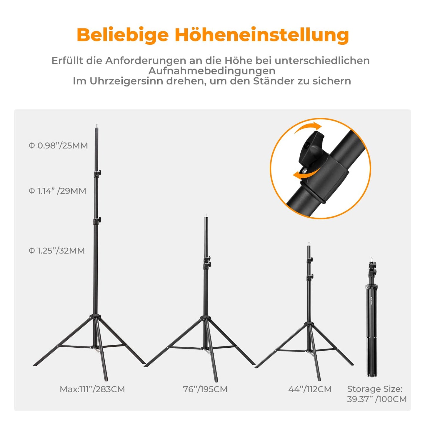K&F Concept Fotografie Lichtstativ, 280CM Metal Light Stand für Studio-Fotographie, Reflektor, Blitz & Video, einstell Beleuchtungstativ hoch mit Stativtasche & 1/4" Srew