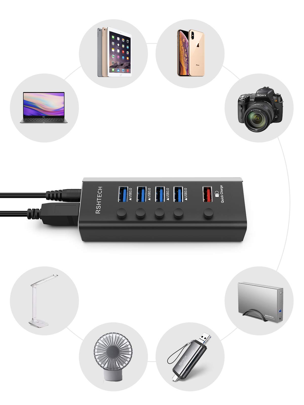 RSHTECH Aluminium USB Hub Aktiv 3.0 mit 24W Netzteil, mit 1*Schnellladeanschluss, 4*USB 3.0 Datenanschlüssen, 5-Port USB Verteiler mit 12V/2A Netzteil, für Aufladen und Datenübertragung, RSH-A35