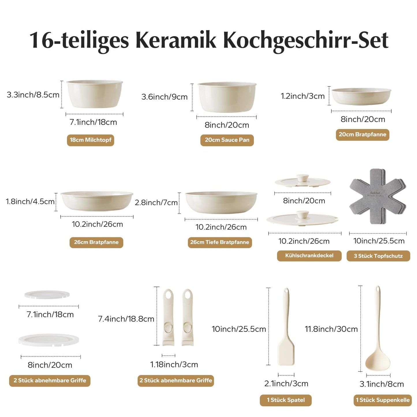 Redchef Topfsets Pfannenset 16-Teilig Antihaft-Keramik-Kochgeschirr-Set mit Abnehmbaren Griffen, Pfanne 20/26cm, Tiefe Bratpfanne 26cm, Topf 18/20cm, Stapelbar Topfset Für alle Herdarten, Ofenfest
