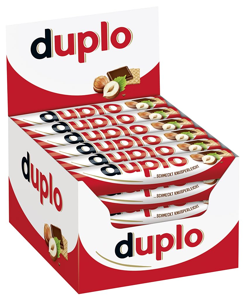 Ferrero Duplo 40er-Pack Riegel, einzeln verpackt, mit Nugatcreme, Waffel und Vollmilchschokolade, auf weißem Hintergrund.