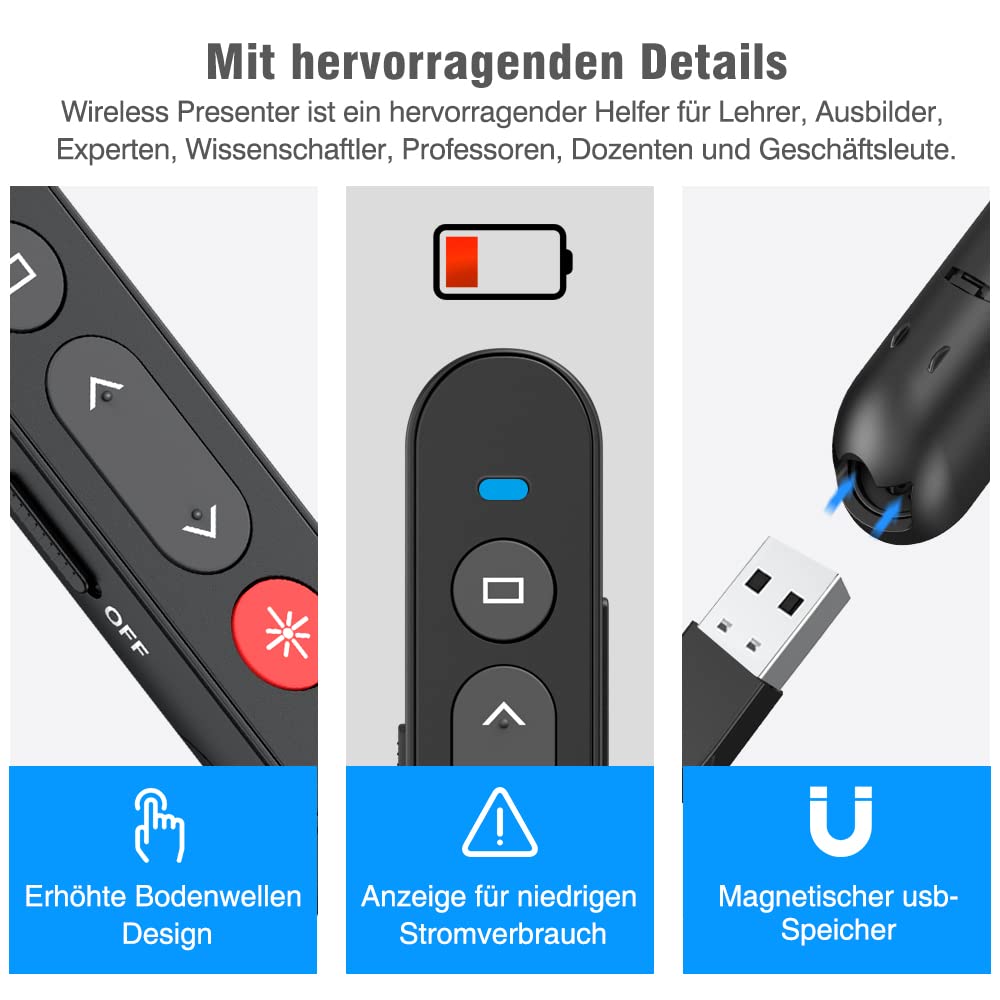 HASACOOL Presenter, 2.4 GHz Powerpoint Fernbedienung via USB Empfänger, Rot Pointer für Präsentationen mit Stiftclip, Präsentationsfernbedienung für Windows/Mac OS/Android/Linux/Keynote/PPT