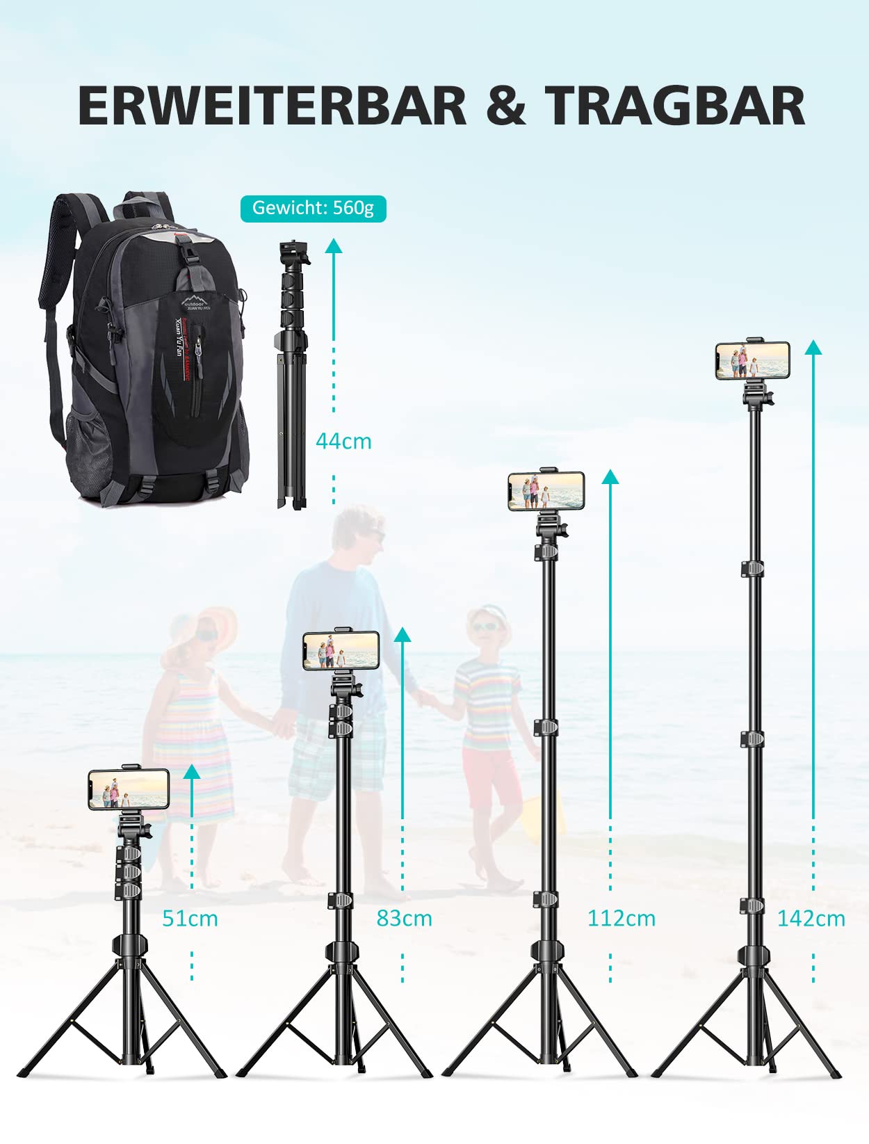 CIRYCASE 142cm Handy Stativ, Erweiterbarer All-in-One Selfie Stick Stativ mit Bluetooth Fernbedienung, Smartphone & Kamera Stative Kompatibel mit iPhone, Galaxy, Perfekt für Selfies/Videoaufnahmen