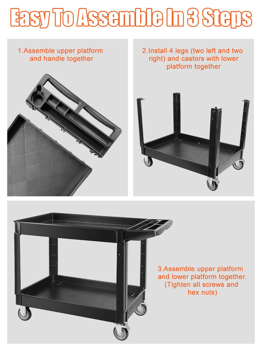 Kalolary Schwerer Mehrzweckwagen auf Rädern – 2-stufiger Rollwagen, belastbar bis 550 Pfund, robuster Servicewagen mit feststellbaren Rädern, mobiler Werkzeugwagen für Werkstatt, Lager & Garage, Schwarz
