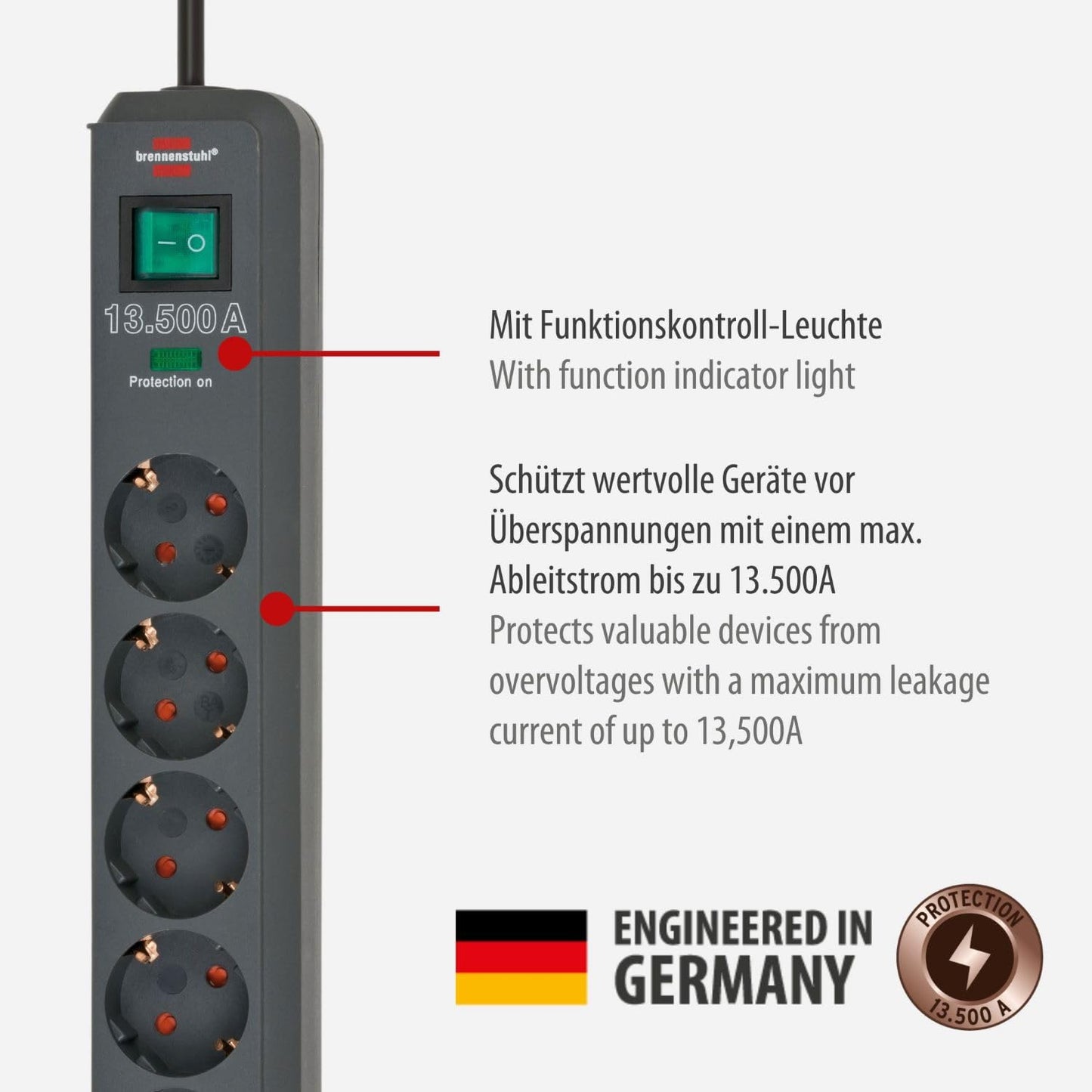 Brennenstuhl Steckdosenleiste 6-Fach mit Überspannungsschutz und 1,5m Kabel (Eco-Line Mehrfachsteckdose mit Schalter und erhöhtem Berührungsschutz) anthrazit