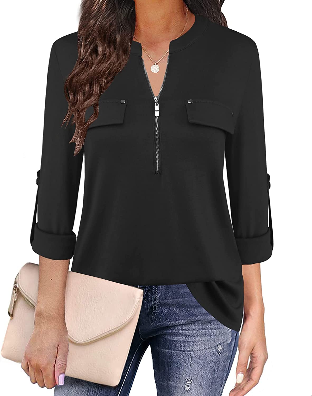 Siddhe Bluse Schwarz Damen Einfarbig V-Ausschnitt Bluse Tunika Damen Langarm Reißverschluss T-Shirt Oberteile Elegant 3/4 Ärmel Blusen Casual Longshirt, Schwarz M