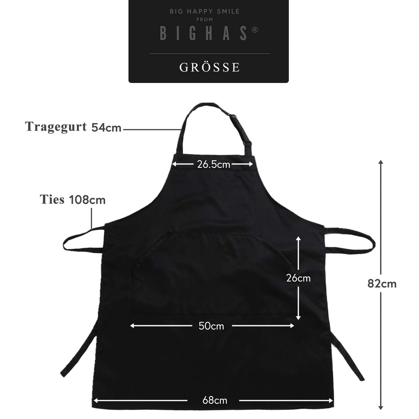 BIGHAS Verstellbare Schürze mit Tasche, Extra Lange Bänder für Damen und Herren, 18 Farben, für Koch, Küche, Zuhause, Restaurant, Cafe, Kochen, Backen, Gartenarbeit 27W×32L (Schwarz)