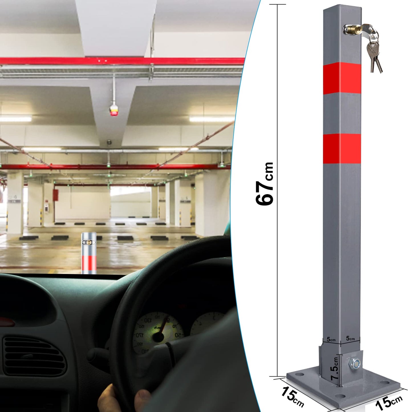 Ikodm 1 Stück Parkplatzsperre Klappbar Parkpfosten Absperrpfosten mit 3 Schlüssel mit Warnstreifen
