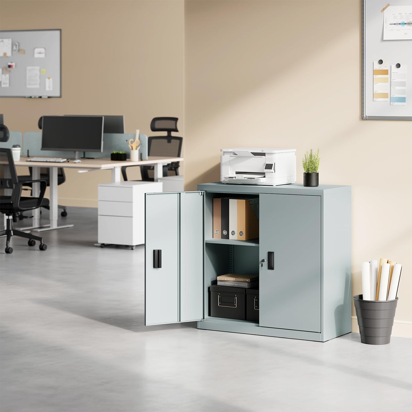 WOLTU Aktenschrank abschließbar, Ordnerschrank mit höhenverstellbarem Einlegboden, Metallschrank mit Schloss, Büroschrank Lagerschrank Mehrzweckschrank, Grau, B90xH92xT40 cm, ASK12gr