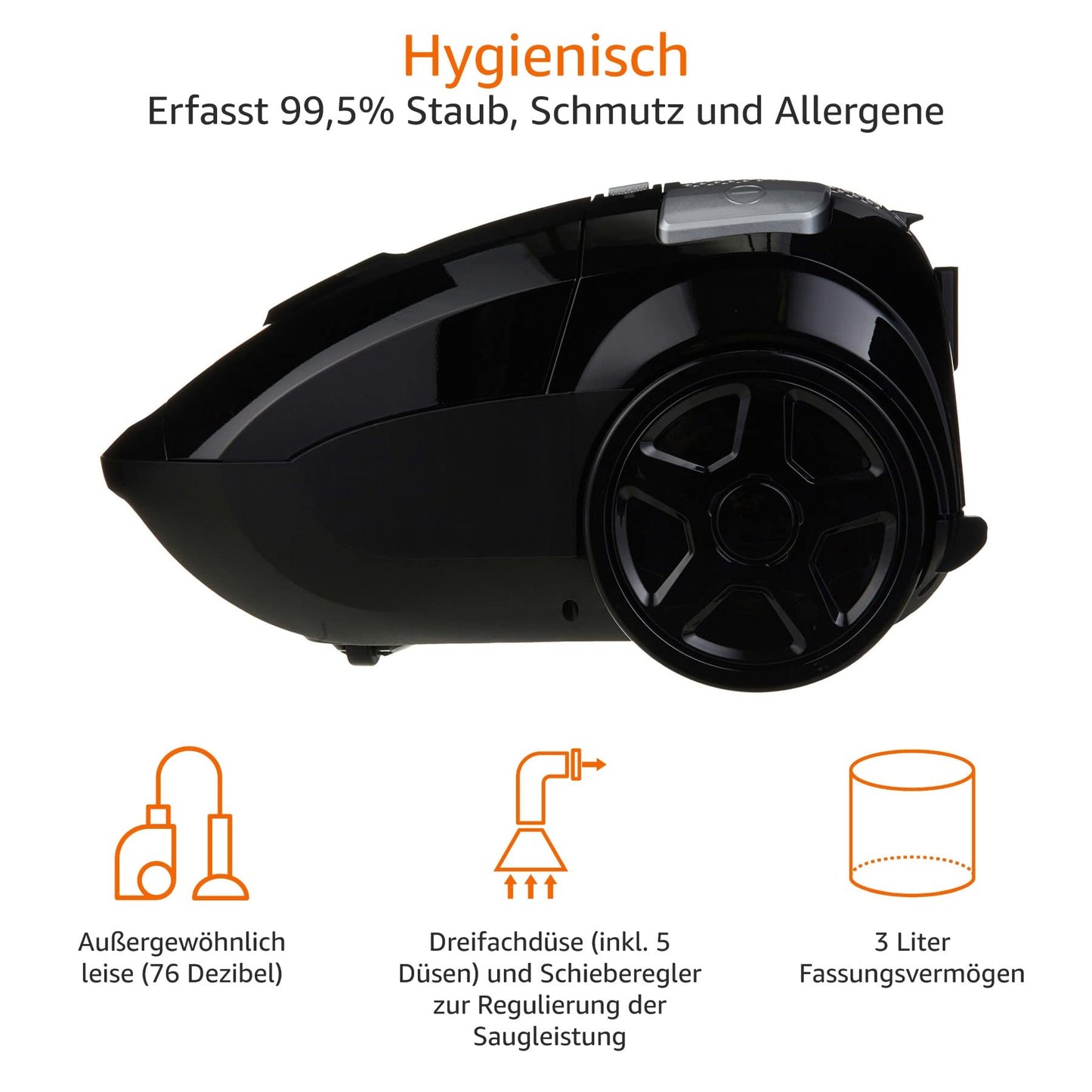 Amazon Basics Staubsauger mit Beutel, leistungsstark, für Hart- und Teppichböden, HEPA-Filter, mit Geschwindigkeitskontrolle, 700 W, 3.0 L, EU, Schwarz