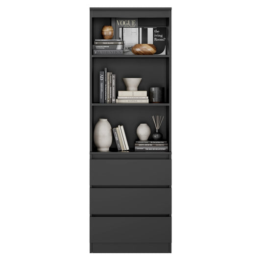 FirFurd Bücherregal mit 3 Schubladen 3 Fächern, 180 cm Hochschrank, Küchenschrank aus Holz, Mehrzweckschrank für Wohnzimmer Büro Küche, Schwarz