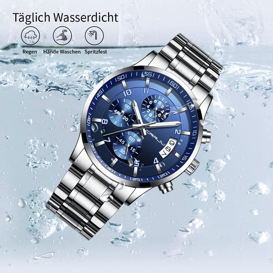 CRRJU Herren Uhr wasserdichte Chronographen Armbanduhr Männer Edelstahlarmband Business Analog Quarzuhr mit Kalender (A Blau)