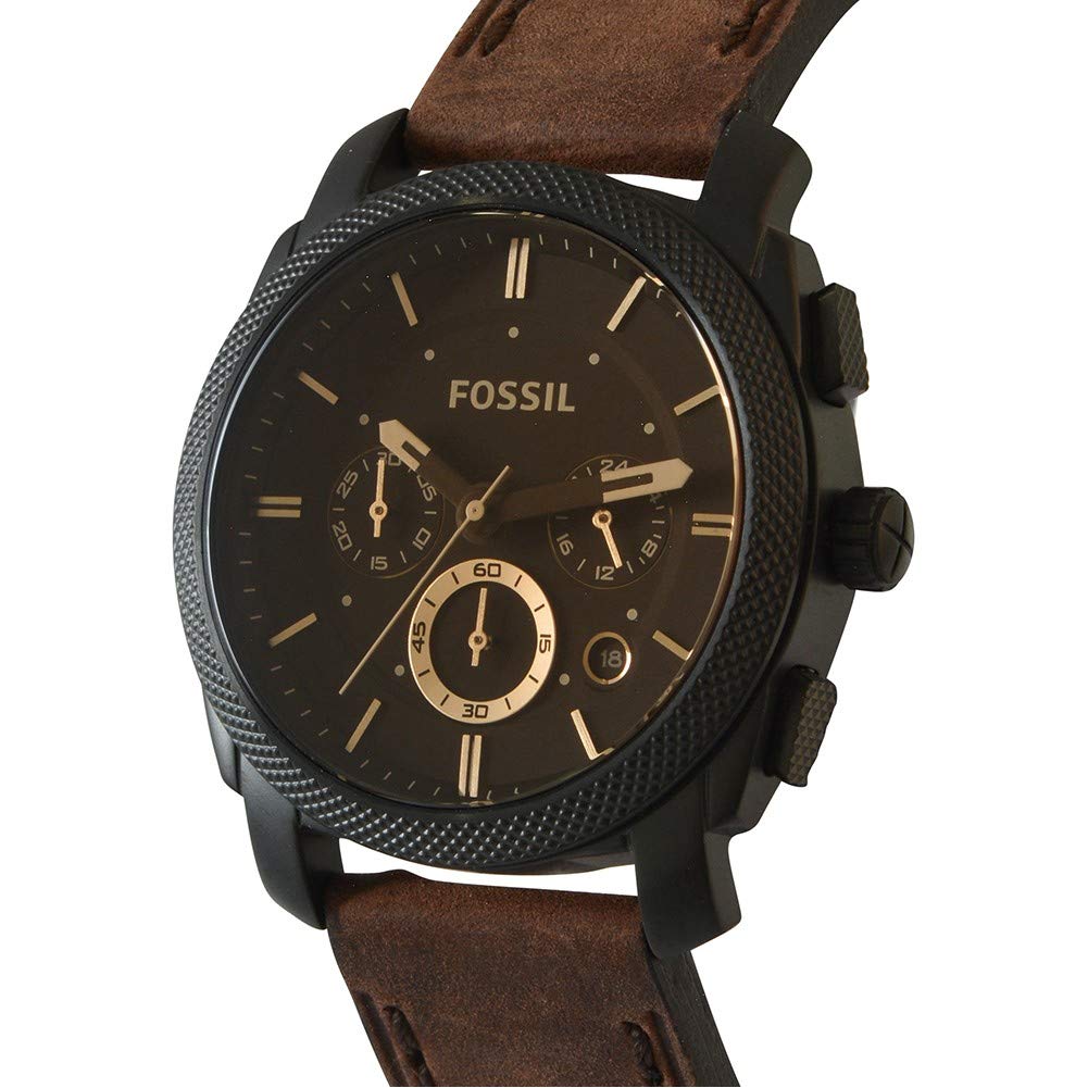 Fossil Machine uhr für Herren, Chronographenwerk mit Edelstahl- oder Lederarmband, Schwarz und Braun, 42MM