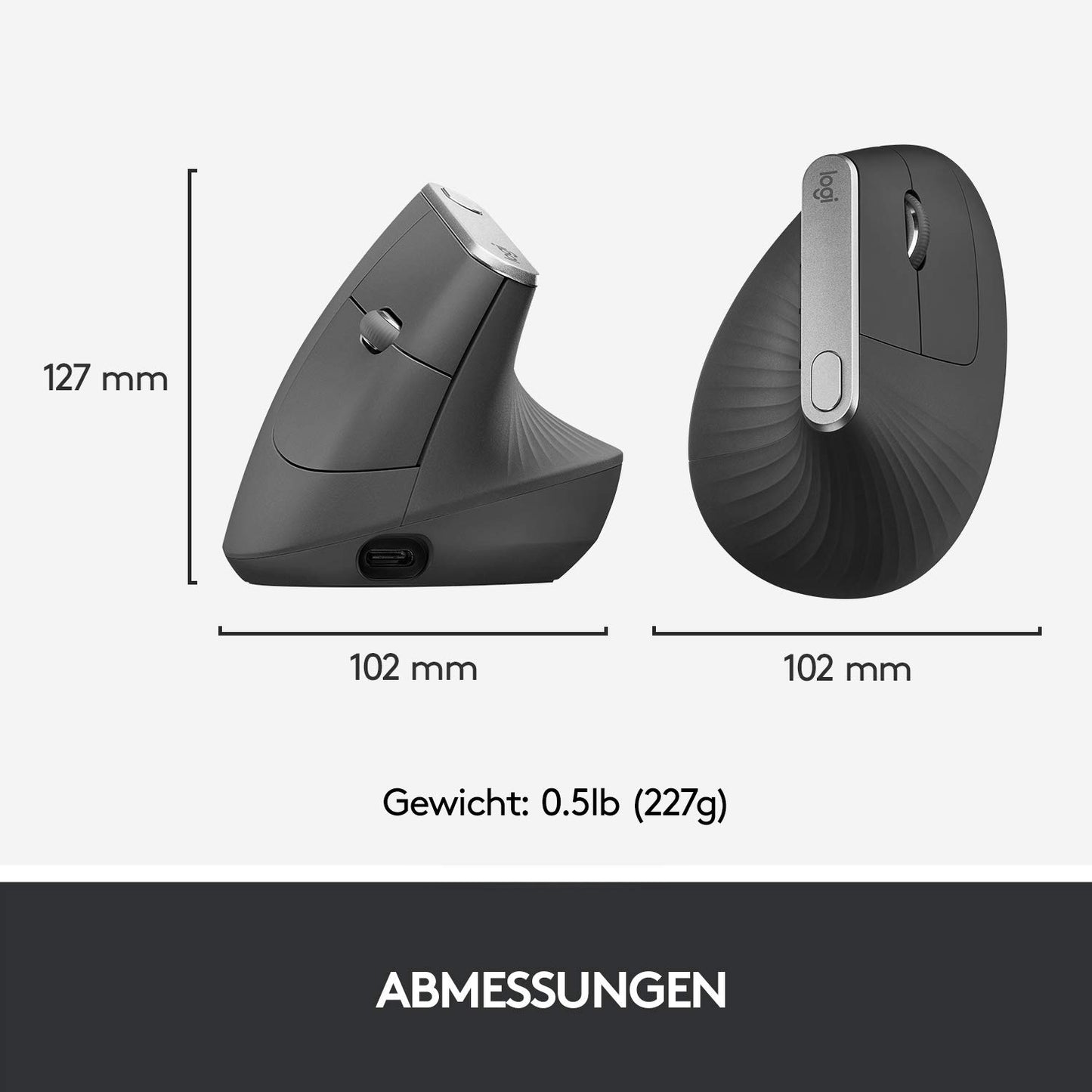 Logitech MX Vertical, Ergonomische Kabellose Maus, Bluetooth und 2.4 GHz Verbindung via Unifying USB-Empfänger, 4000 DPI Sensor, Wiederaufladbarer Akku, 4 Tasten, Multi-Device, PC/Mac/iPadOS - Graphit