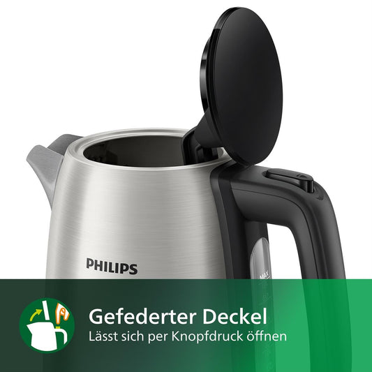 Philips Daily Collection Metall Wasserkocher – 1,7L, Leuchtanzeige, 360°-Basis, Mikro-Sieb-Filter, Flaches Heizelement, Sprungdeckel, Energiesparend, Sicheres Design, Schnelles Aufkochen (HD9350/90)