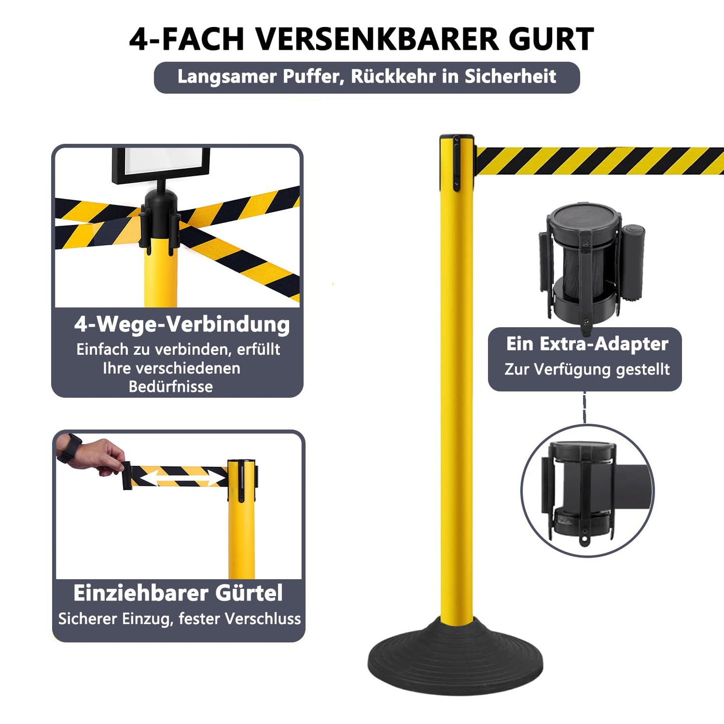 Vilnow Edelstahl Absperrpfosten Seil Abgrenzungsständer,4 Packung Crowd Control Barriers,Gelb-schwarz,wird in Flughäfen, Hotels und Ausstellungshallen verwendet