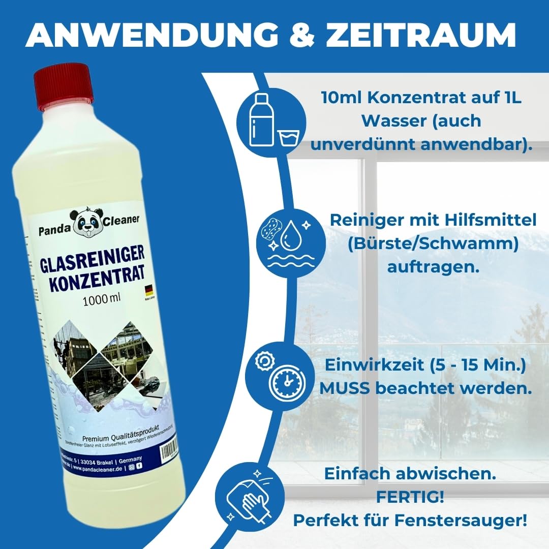 PandaCleaner Glasreiniger Konzentrat - 1000ml Glasreiniger Fenster - Fensterreiniger Konzentrat für streifenfreie Reinigung - Für alle Fenstersauger (1000ml)