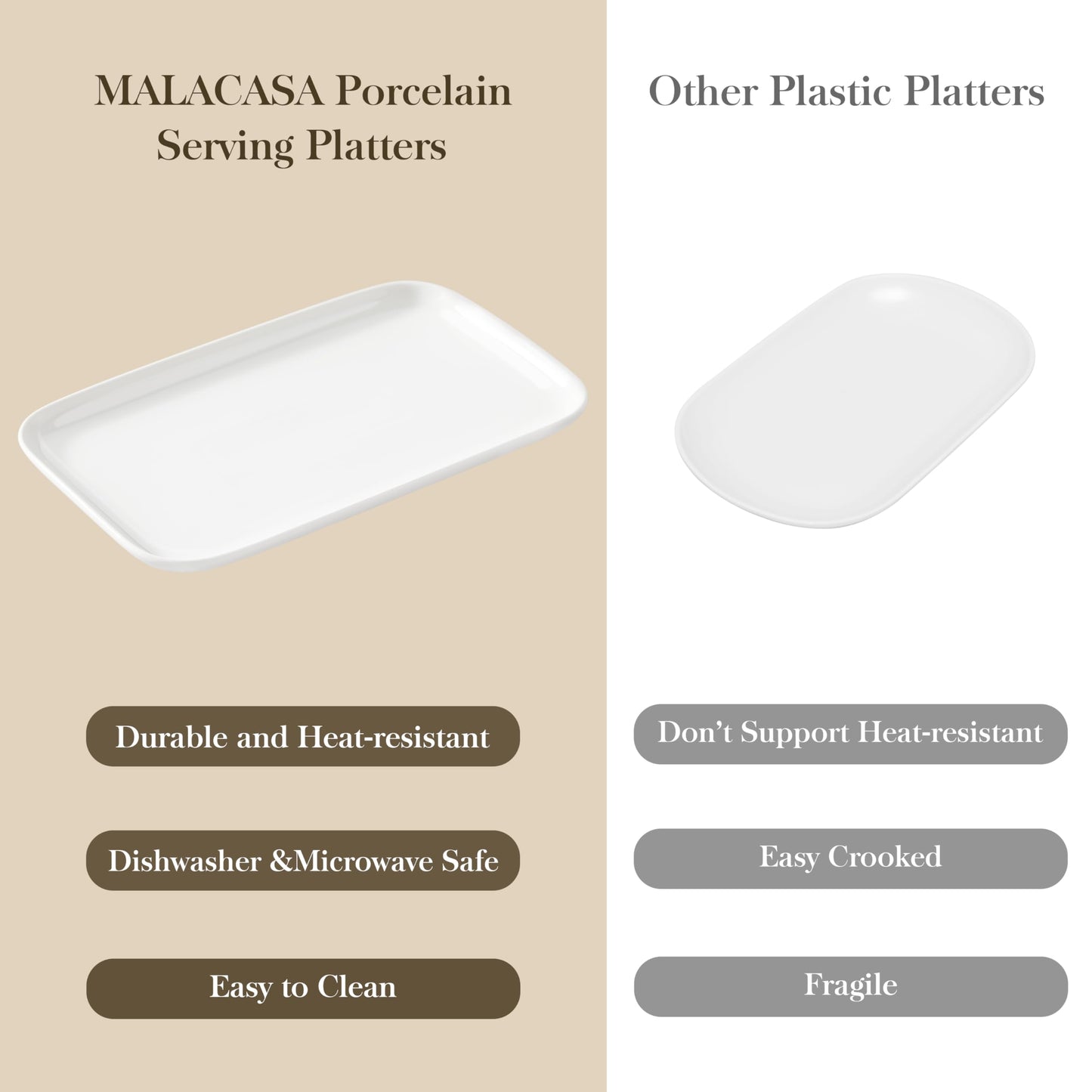 MALACASA Servierplatte Porzellan, Serviertablett 4-teiliges Set, Rechteckig Servierplatte Groß für Buffets, Sushi, Kuchen, Vorspeisen zu Hause/im Restaurant, 30 x 18 cm Weiß (Weiß, 4-teiliges)