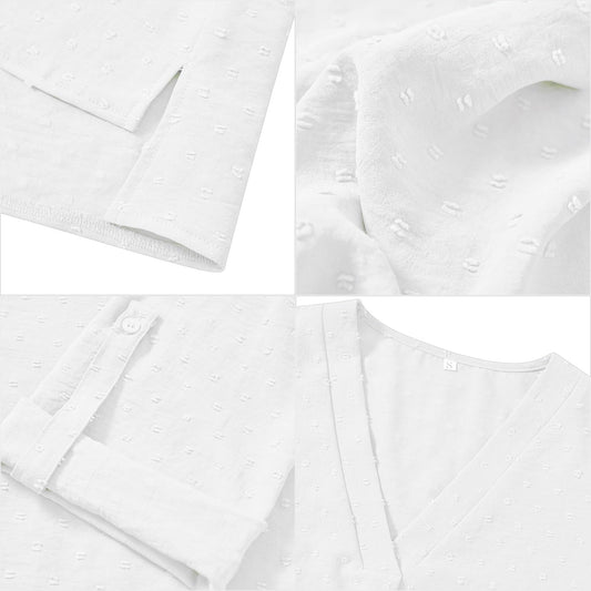 Tanmolo Bluse Damen 3/4 Ärmel mit V-Ausschnitt Elegant Oberteile Casual Swiss Dot Tops Tunika weiß, L